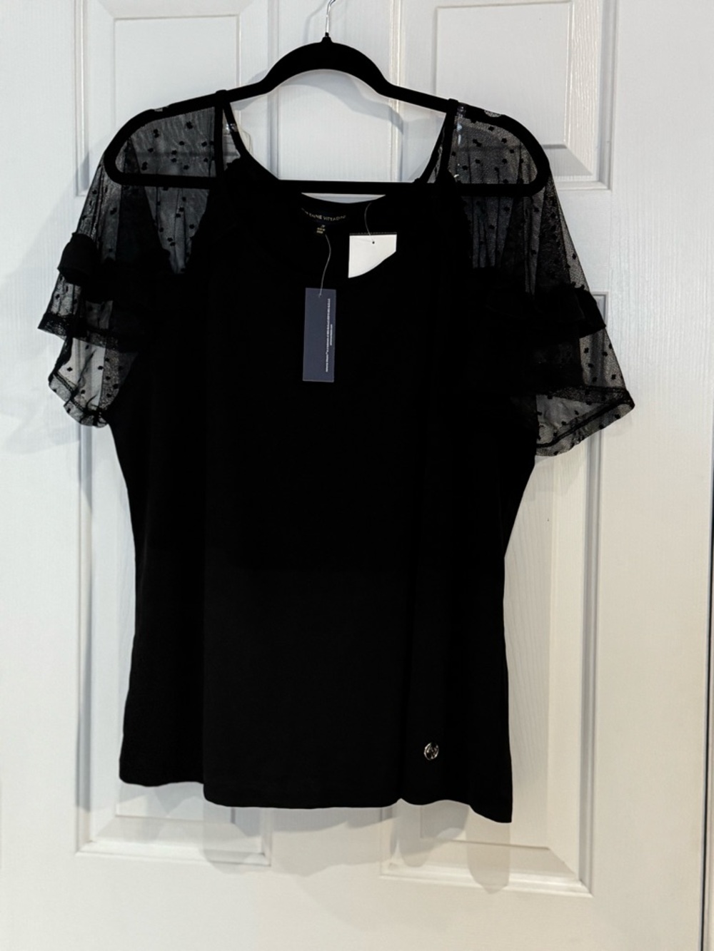 Adrienne Vittadini Black Dot Mesh Sleeve Blouse